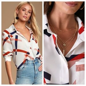 💼Lulu’s Camrose White Geometric Print Office Button-Up Long Sleeve Blouse Top